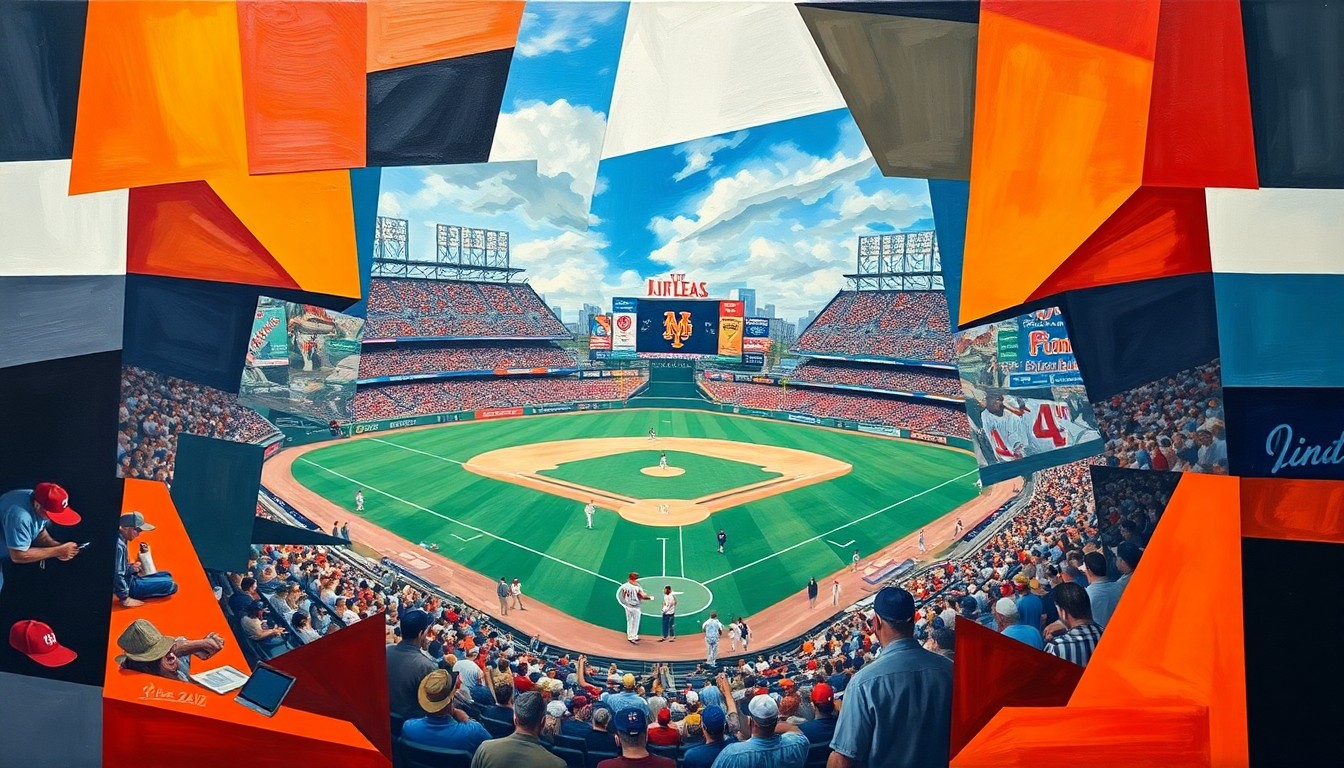 A cubist-style painting featuring overlapping geometric shapes and planes in shades of blue, orange, and green, representing the action and energy of a baseball game between the New York Mets and San Francisco Giants.