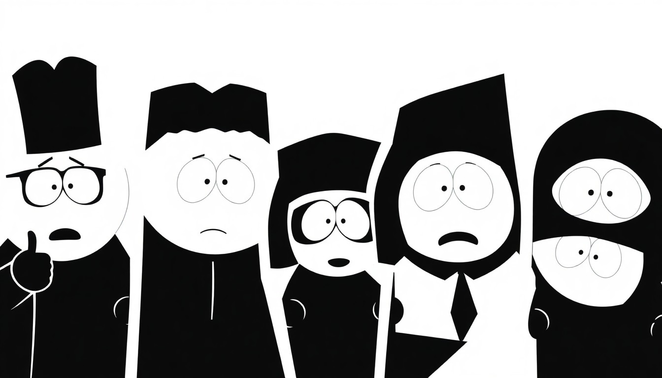 A minimalist, abstract composition of jagged black silhouettes and stark white negative space, conveying the confrontational tone of 'South Park's political commentary without using any text or literal imagery.