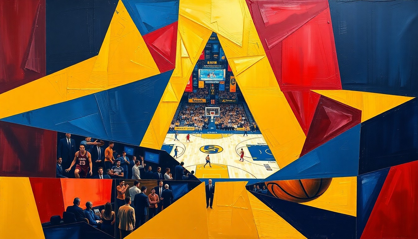 A cubist, geometric painting depicting the action and energy of a college basketball game, with overlapping shapes and planes in shades of navy, gold, and crimson.