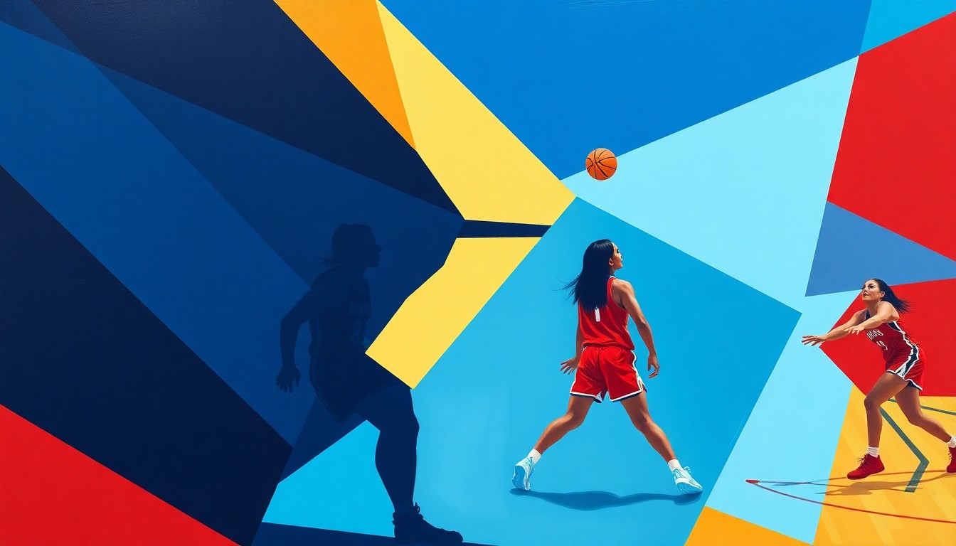 A fractured, cubist-style painting depicting the dynamic action of a women's college basketball game, with the players' forms broken down into sharp, overlapping geometric shapes in a vibrant color palette, conveying the shifting competitive landscape of the sport.