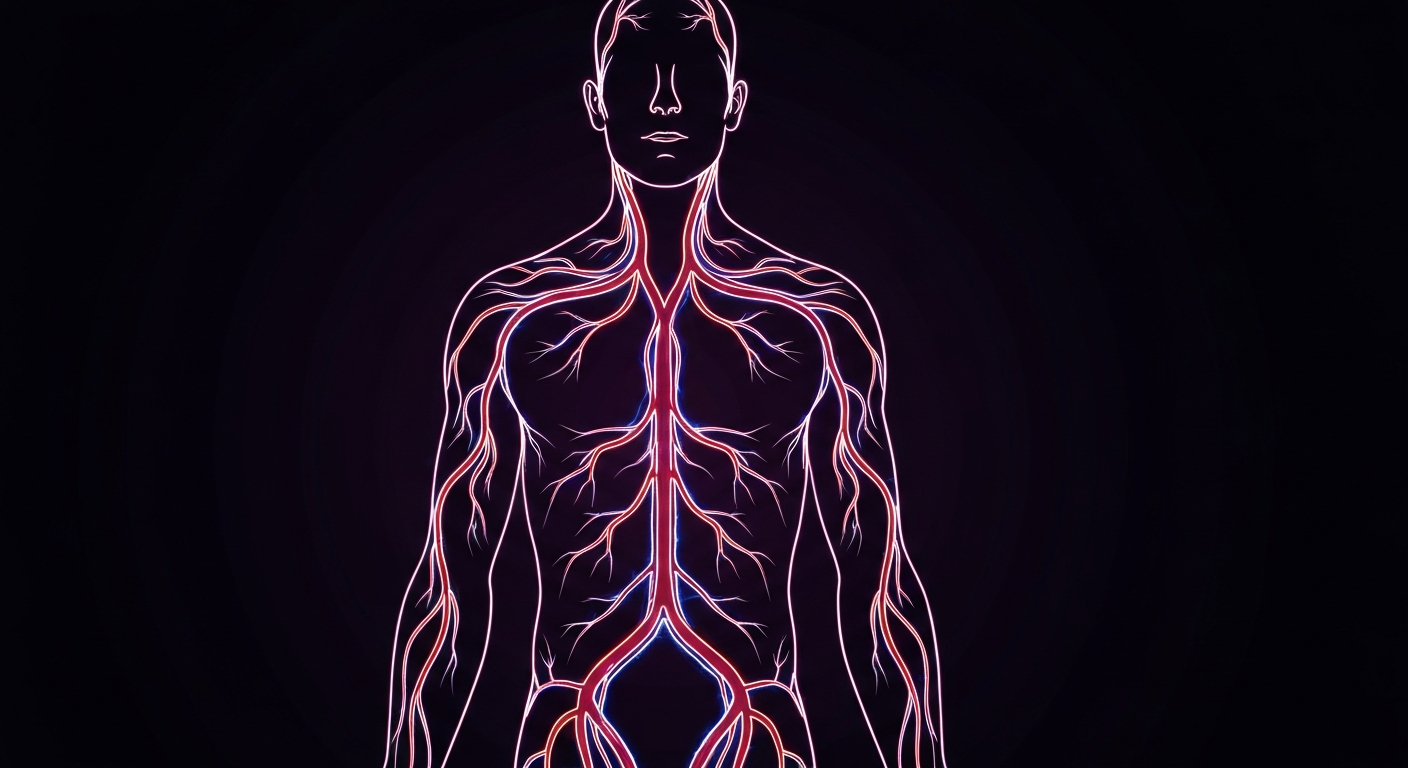 A minimalist, glowing neon outline depicting the complex structure of the human vascular system, conceptually representing the targeted approach of Relay Therapeutics' drug candidate for treating genetic vascular disorders.