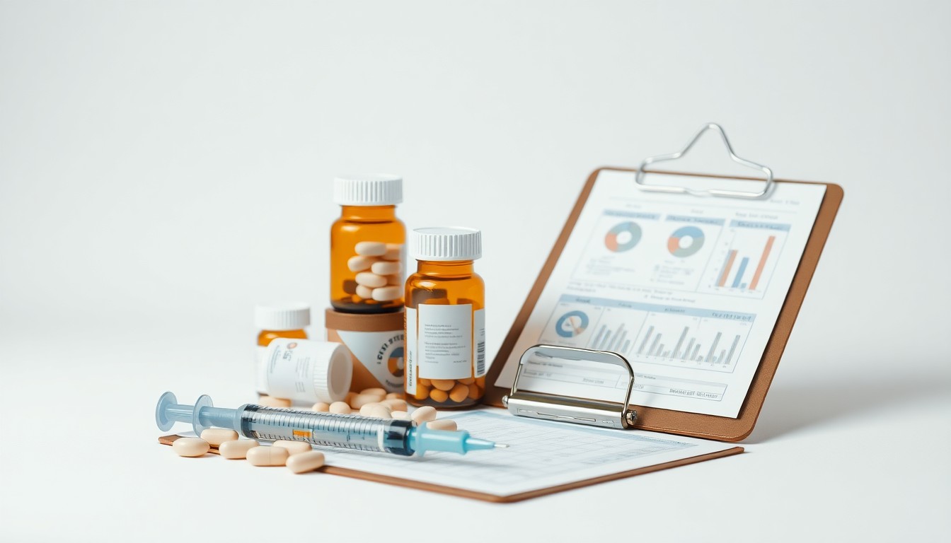 A photorealistic studio still life featuring a stack of pill bottles, a syringe, and a medical clipboard, symbolizing the clinical work of a pharmaceutical company.