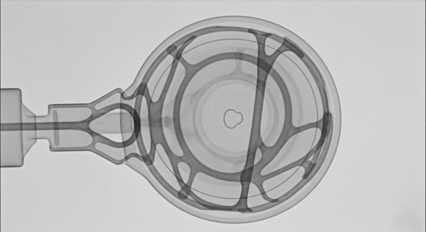 An ethereal, ghostly X-ray image of an intraocular lens implant, its delicate internal structure illuminated against a dark backdrop.