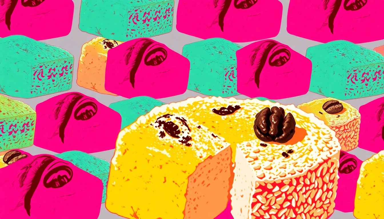 A highly stylized, vibrant silkscreen print featuring a repeating pattern of a traditional Appalachian Easter coconut cake with black walnuts, rendered in a bold, neon color palette and heavy black outlines to capture the essence of this iconic regional dessert.