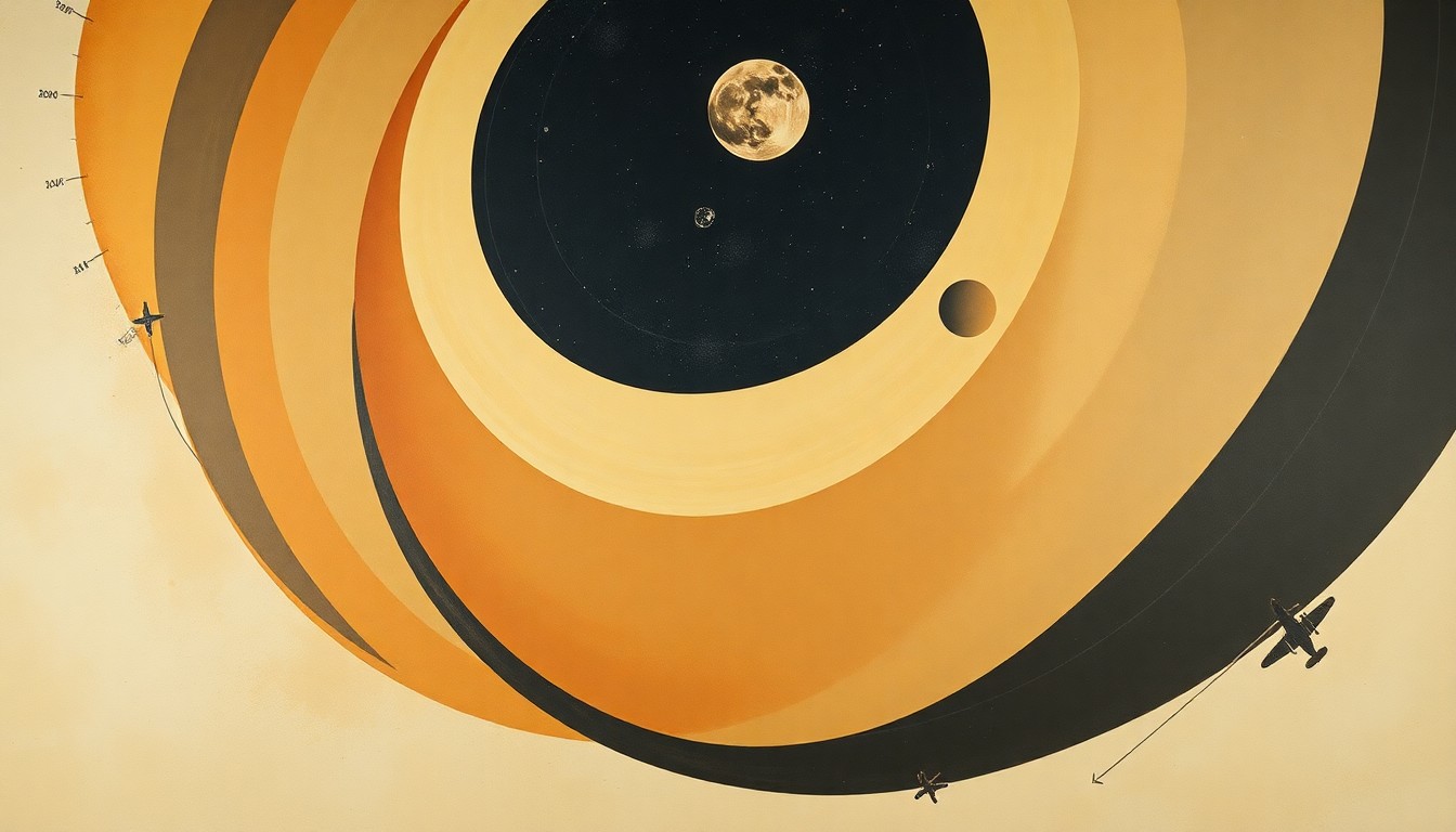 A bold, abstract painting in earthy tones featuring sweeping geometric arcs, concentric circles, and precise botanical spirals, conceptually representing the complex forces and concepts of space travel and lunar exploration.