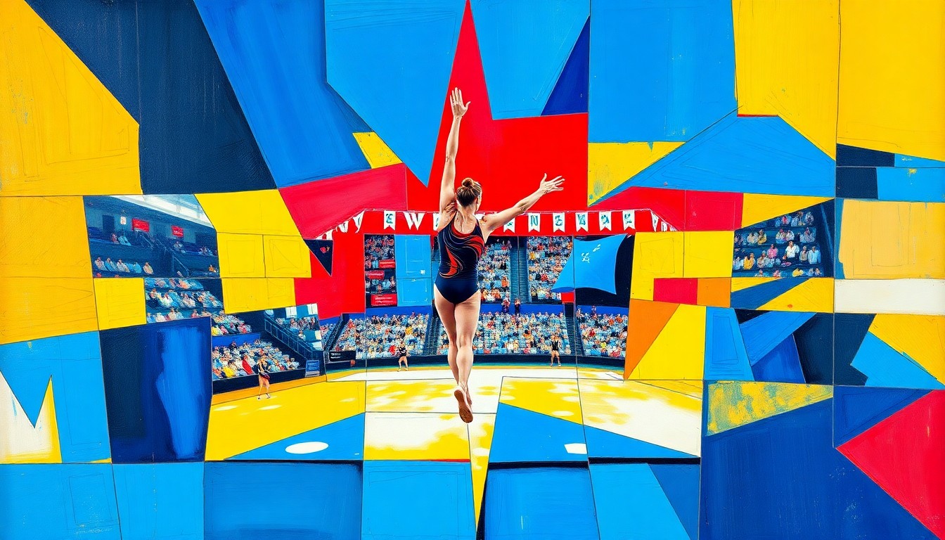 A cubist, geometric painting depicting the dynamic movements and competition of a women's gymnastics event, with overlapping planes of color and form conveying the energy and intensity of the sport.