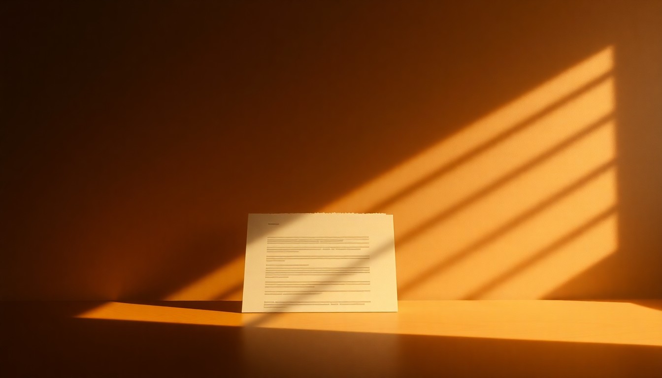 A photorealistic painting of a solitary redacted document or file folder sitting on a desk, with warm sunlight casting dramatic shadows across the surface, conveying a sense of mystery and unresolved tension.