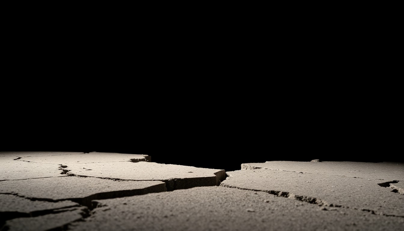 An extreme close-up photograph of a cracked and damaged concrete surface, lit by a harsh, direct camera flash against a pitch-black background, conceptually representing the aftermath of a tragic accident without depicting any violence or victims.