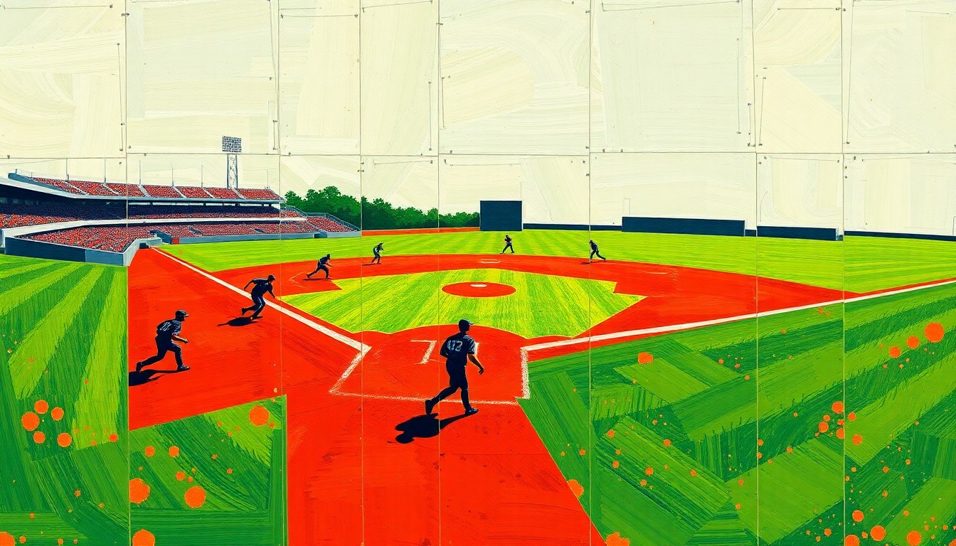 A fragmented, geometric painting depicting the dynamic movements and competing perspectives of a high school baseball game, with overlapping planes of green, red, and silhouetted players.