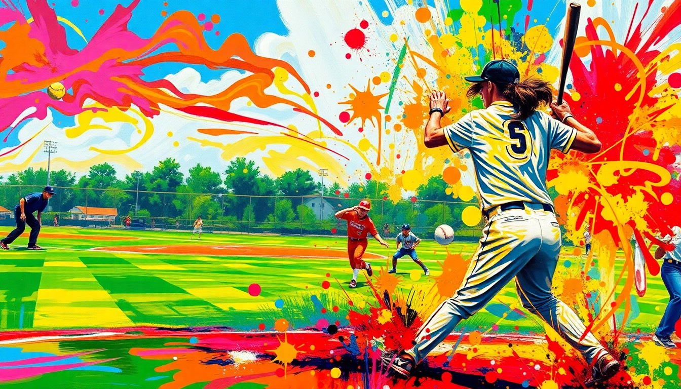 An abstract expressionist painting in neon colors, with rapid brushstrokes capturing the dynamic motion and energy of a high school softball game.