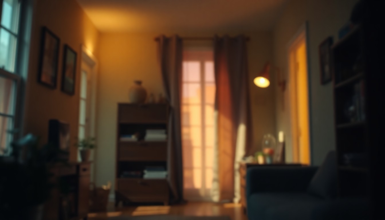 An extremely abstracted, out-of-focus photograph of a cozy apartment interior, with soft pools of warm light and color reflecting off surfaces, conveying a sense of home and the personal stakes involved in a housing dispute.