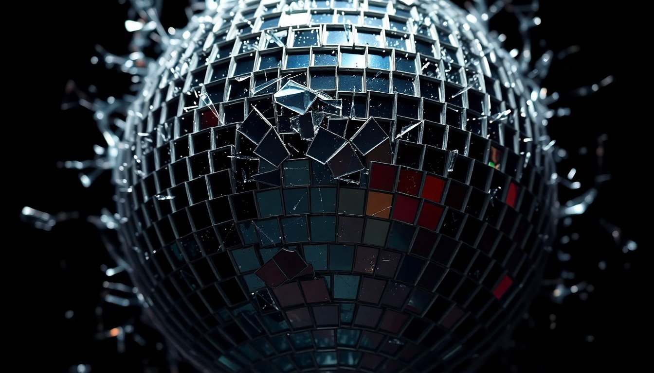 An extreme close-up of shattered, glittering glass fragments in high-contrast studio lighting, conceptually representing the competitive and volatile nature of the music business.