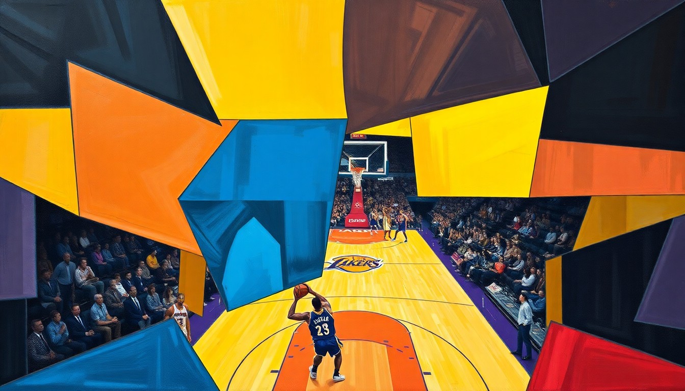 A fragmented, geometric painting depicting a basketball game, with sharp, overlapping shapes and planes representing the action on the court.