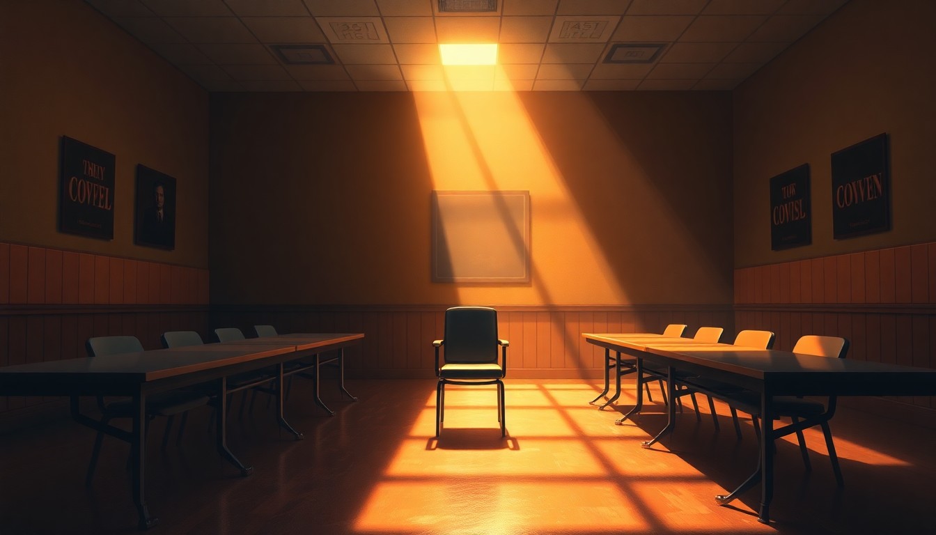 A dimly lit, cinematic painting of an empty student government meeting room, with warm sunlight streaming in through the windows and casting deep shadows across the chairs and table, conveying a sense of unease and unresolved conflict.