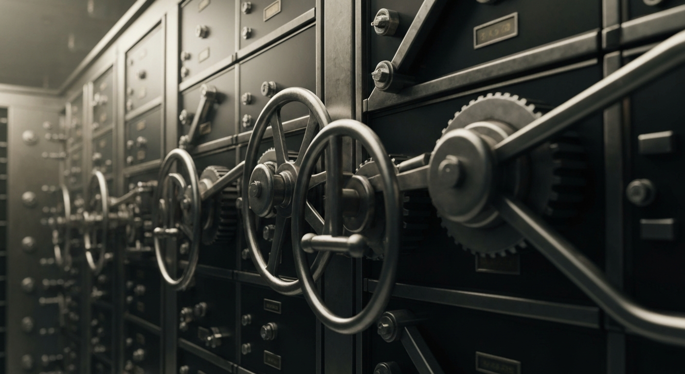 A cinematic, high-contrast close-up of the complex, mechanical components that make up the secure banking infrastructure of a financial institution, conveying a sense of institutional strength and stability.