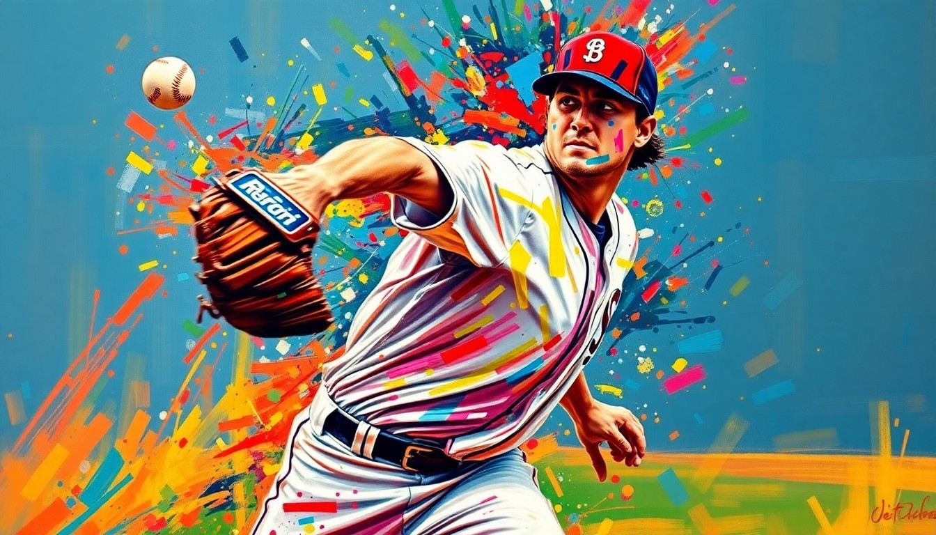 An abstract expressionist painting featuring bold, energetic brushstrokes in neon colors that capture the raw power and motion of a baseball pitcher's delivery, with the player's face and uniform obscured into unrecognizable splatters of paint.
