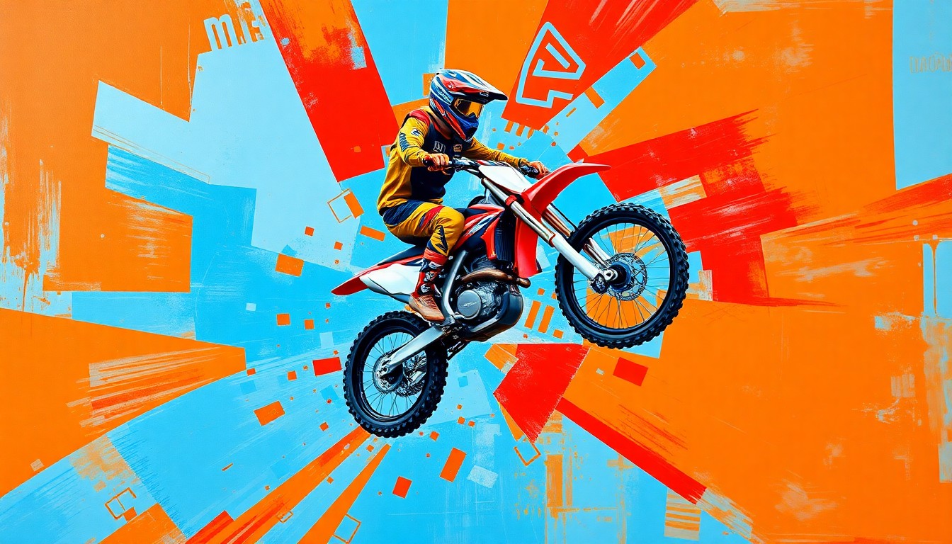 A cubist-style painting depicting a young motocross rider mid-jump, broken down into overlapping geometric shapes in bright primary colors, conceptually representing the energy and dynamism of the sport.