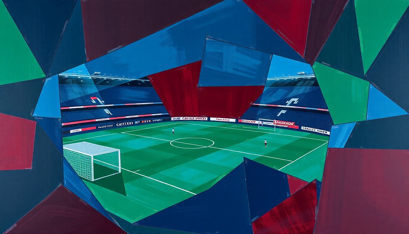 A cubist, geometric painting depicting a football match in progress, with the players and field broken down into overlapping planes of navy, maroon, and green, conveying the intensity and strategic nature of the competition.
