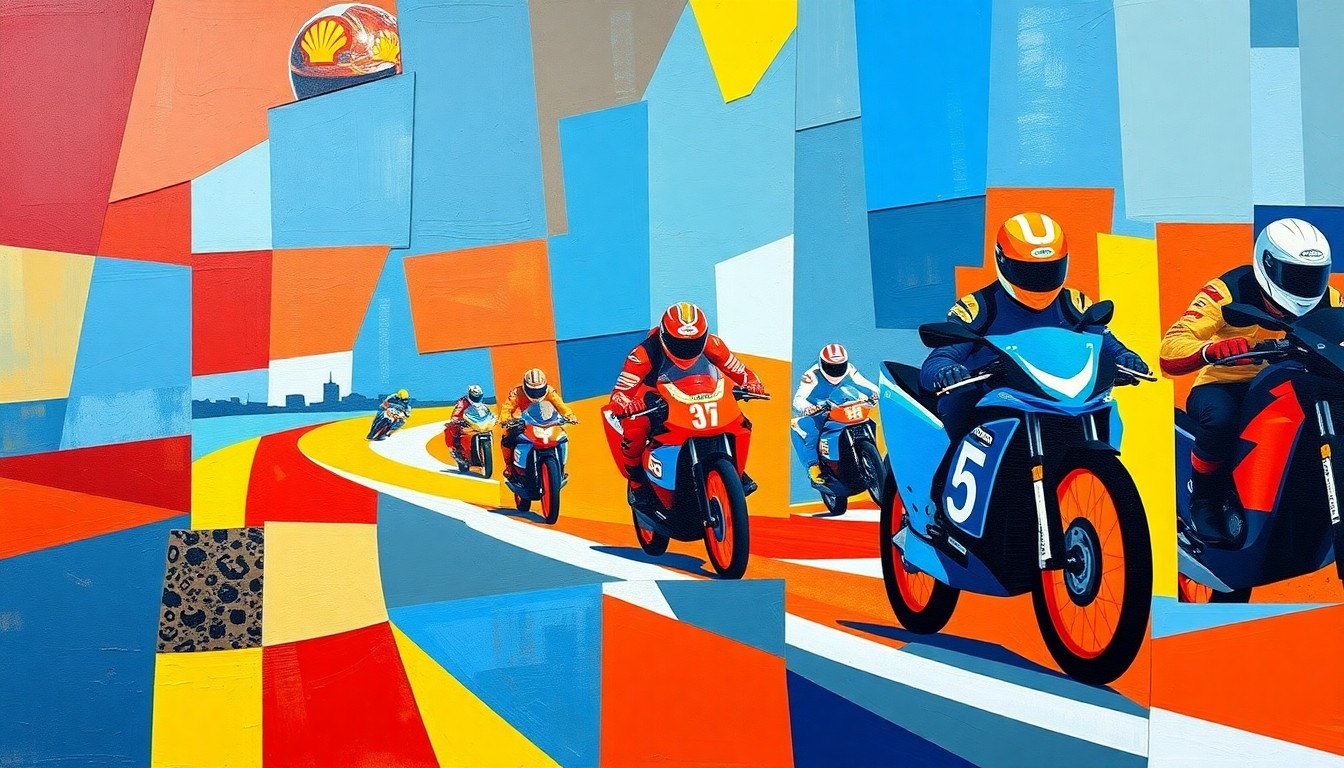 A cubist-style painting depicting a speedway race broken down into sharp, overlapping geometric planes of red, blue, and yellow, conveying the high-energy action and competitive spirit of the sport.