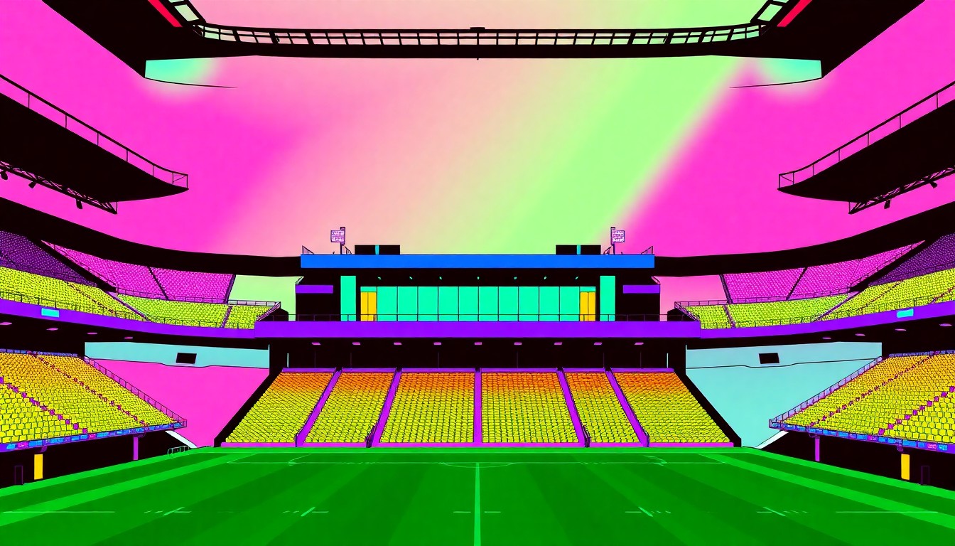 A brightly colored, high-contrast silkscreen print of a football stadium press box repeated in a tight grid pattern, capturing the vibrant energy and community spirit of the stadium upgrades.