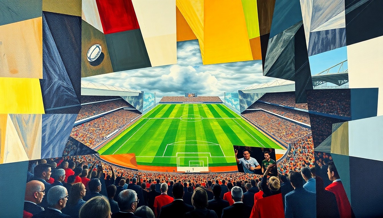 A vibrant, cubist-style painting depicting a rugby match at Kingston Park Stadium, with the players and field broken down into sharp, overlapping geometric shapes and planes in a range of colors.