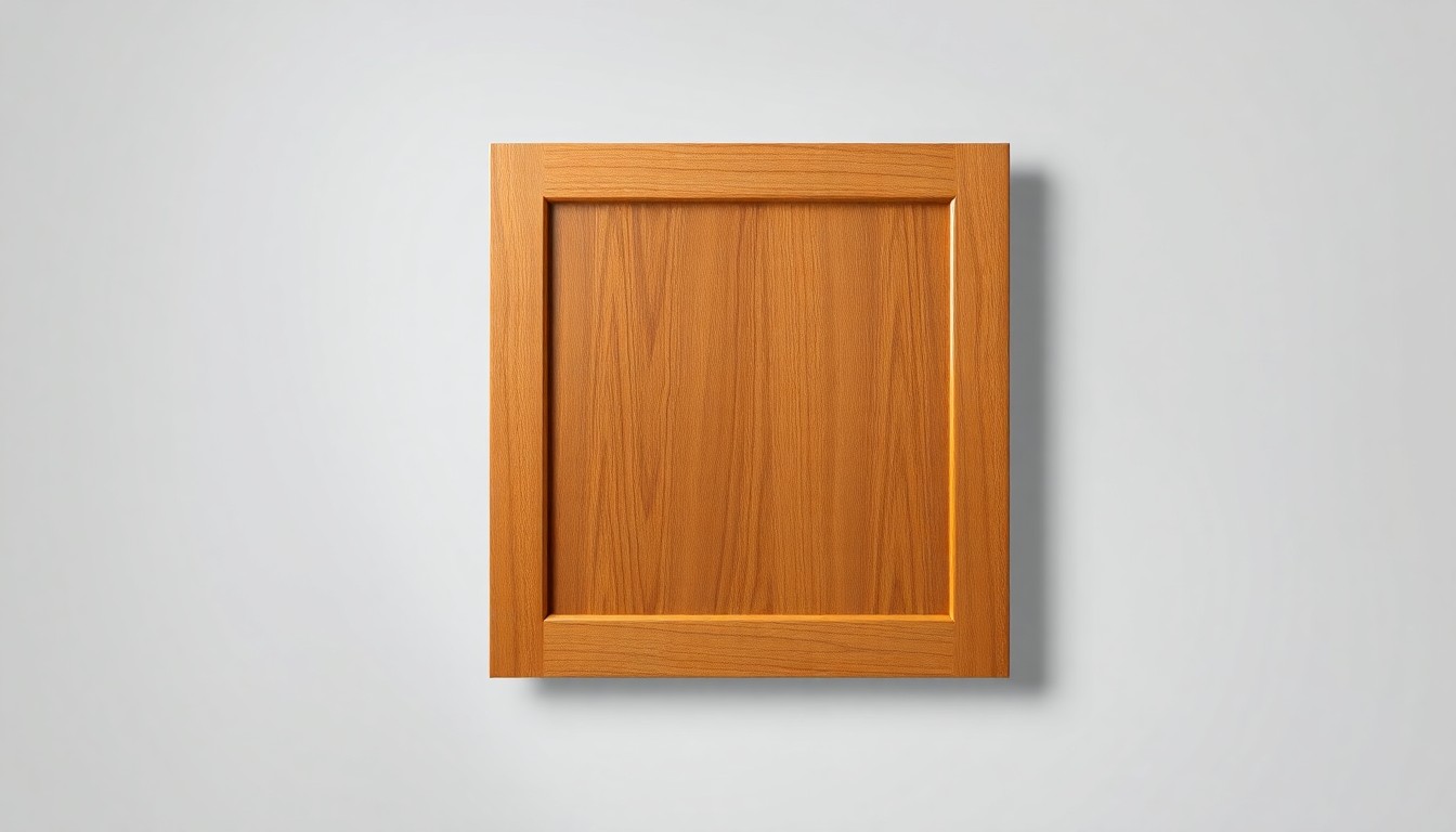 A photorealistic studio still-life image of a polished, high-quality wood door panel floating on a clean, monochromatic background, conceptually representing the craftsmanship and material innovation driving the residential interior wood doors market.