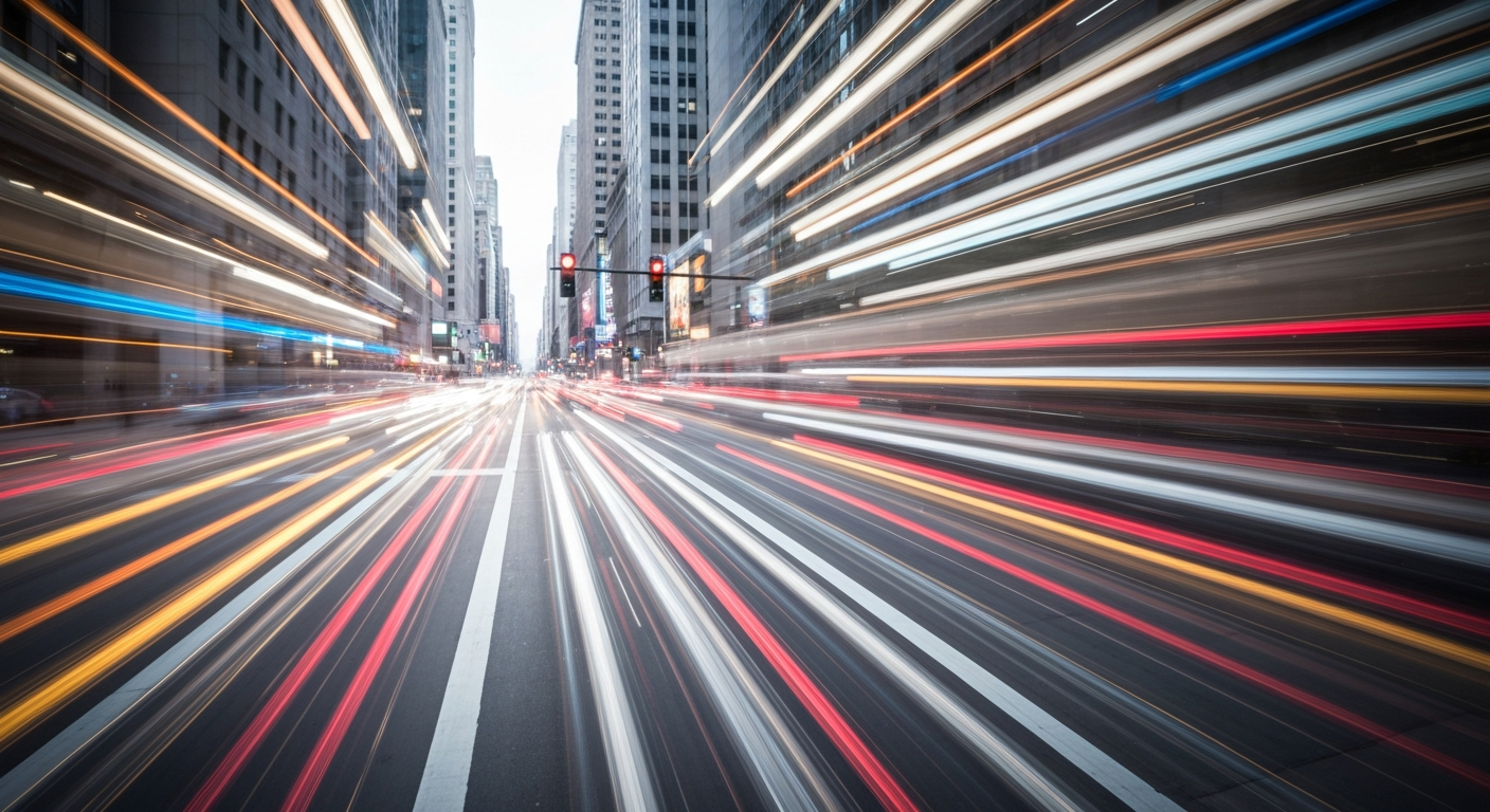 A dynamic, abstract image of a busy Chicago intersection, with blurred motion and vibrant streaks of color conveying the chaos and speed of urban traffic.