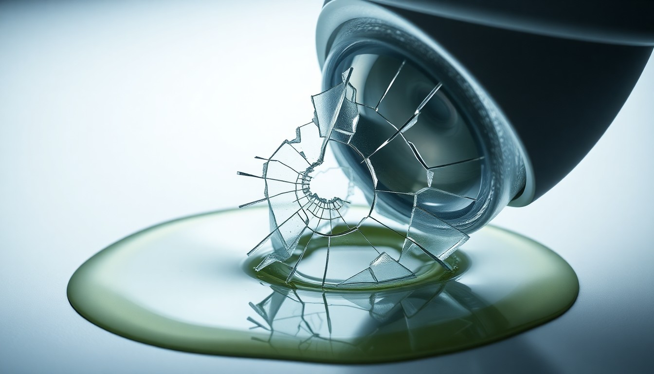 A photorealistic studio still life featuring a shattered glass lens partially obscured by a pool of clear cooking oil, symbolizing the hazardous conditions that caused a worker's traumatic brain injury.