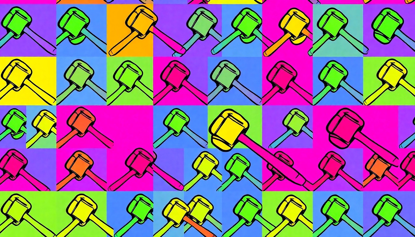 A brightly colored, high-contrast silkscreen print of a gavel repeated in a tight grid pattern, representing the legal advocacy skills of MSLAW students.