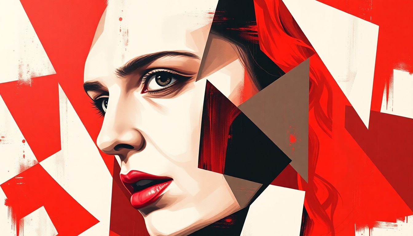 A fractured, abstract painting in shades of red, white, and black, depicting Nadya Tolokonnikova's face in an overlapping, geometric style that conveys a sense of disruption and urgency.