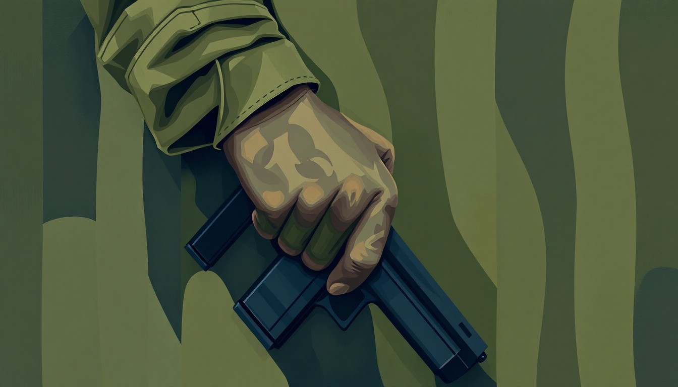 A fragmented, abstract painting of a hand holding a holstered handgun, repeated in overlapping geometric shapes and brushstrokes in muted military colors, conveying a sense of motion and tension around the issue of personal weapons on bases.