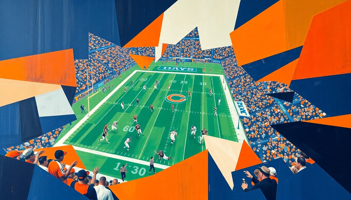 A cubist, geometric painting depicting a fragmented football game, with sharp, overlapping planes in navy blue, orange, and white, representing the Chicago Bears' need to focus on strengthening their defensive line in the upcoming draft.