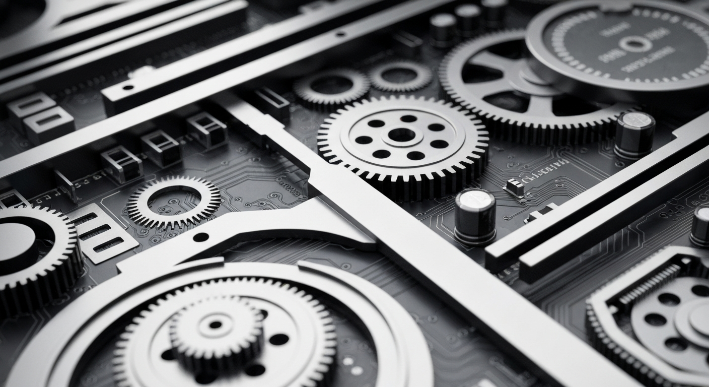 An extreme close-up of the inner workings of a financial trading platform, with gears, circuits, and other industrial components in shades of gray, black, and silver, conceptually representing the complex infrastructure behind Innventure's operations.