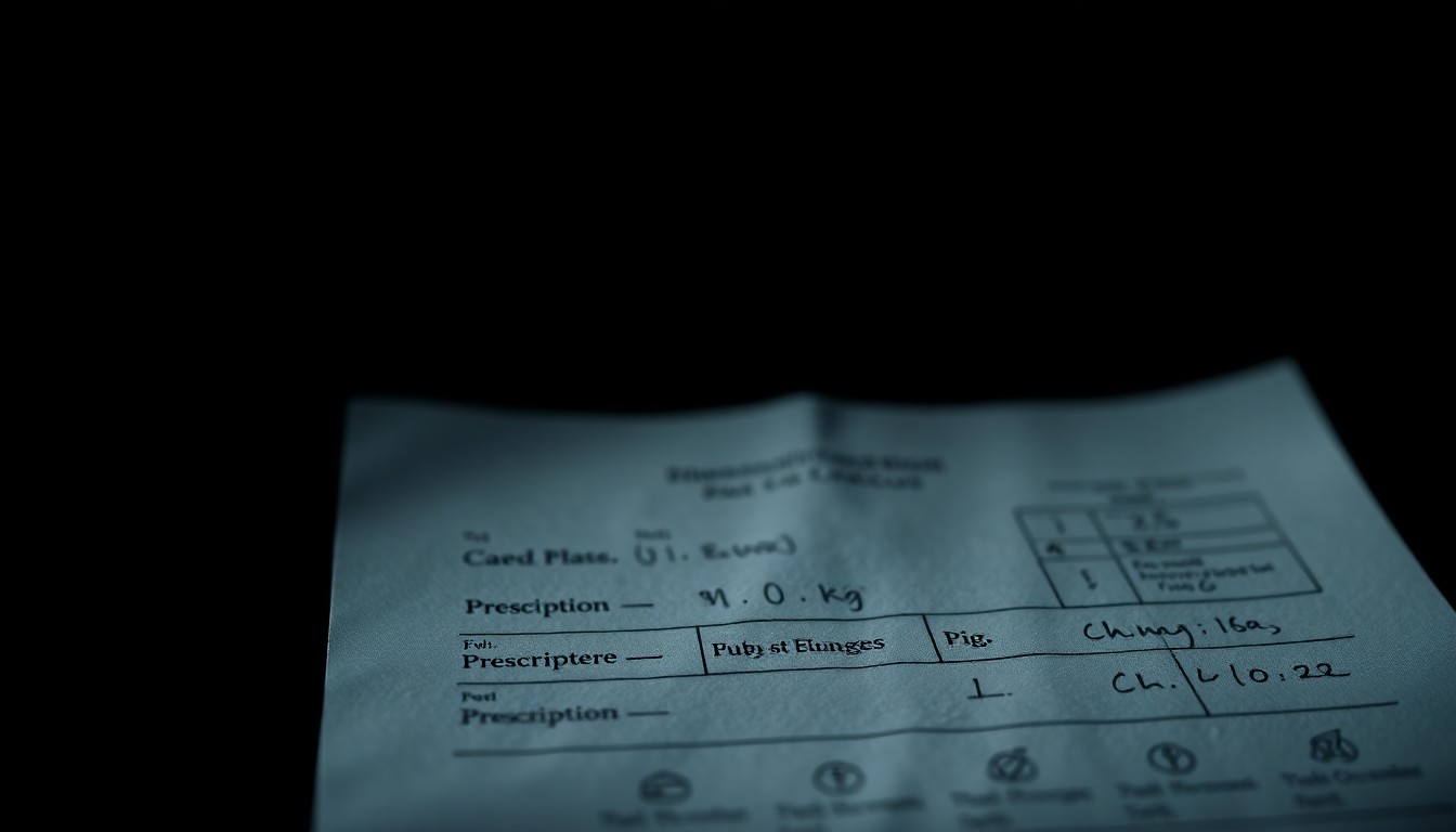 An extreme close-up photograph of a medical document or prescription pad lit by a harsh, direct camera flash against a pitch-black background, conveying a stark, gritty, investigative aesthetic around the issue of health care fraud.