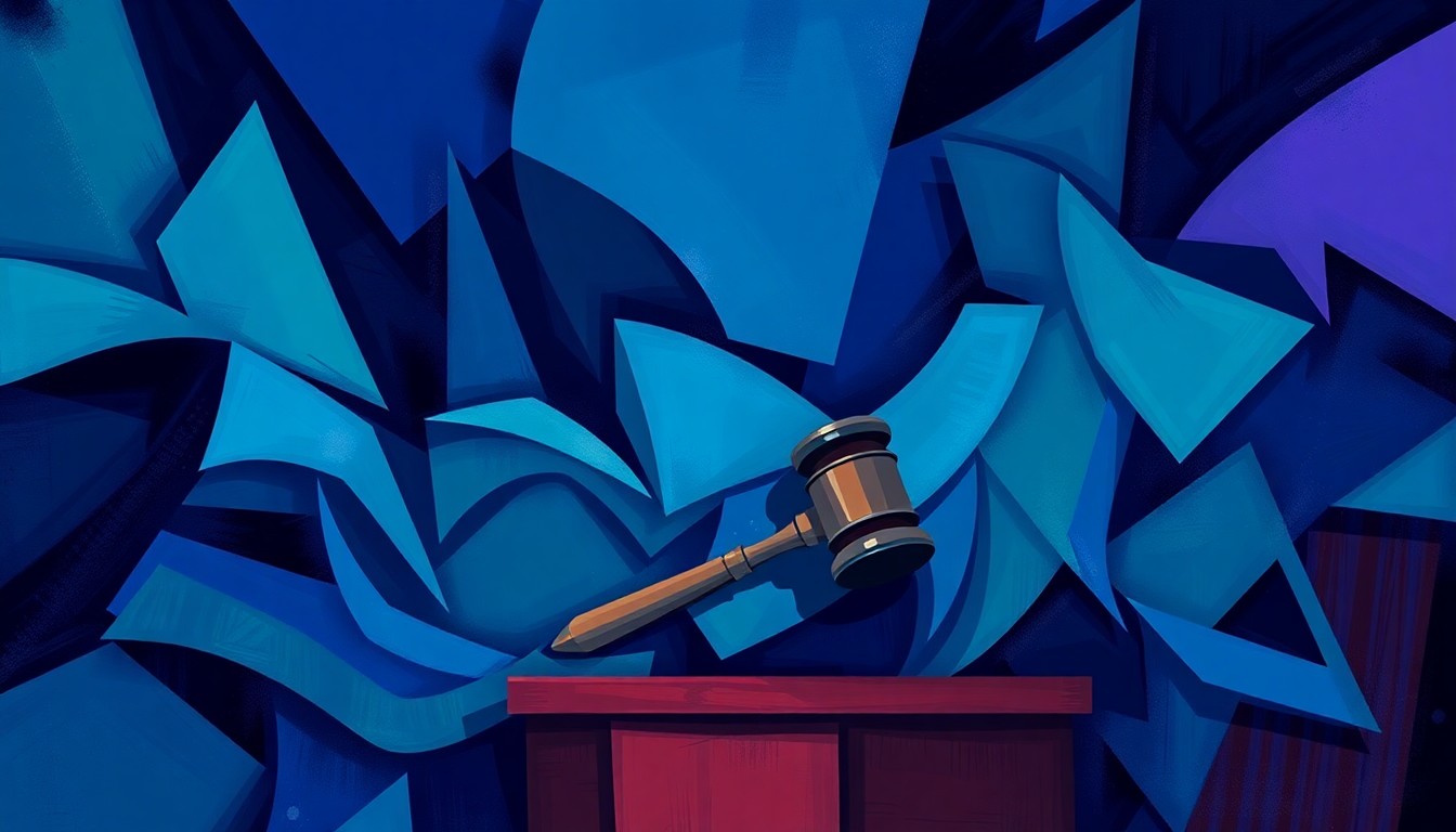 A heavily textured, abstract painting of overlapping geometric shapes in shades of blue, teal, and violet, conceptually representing the turbulent energy of a divisive political primary.