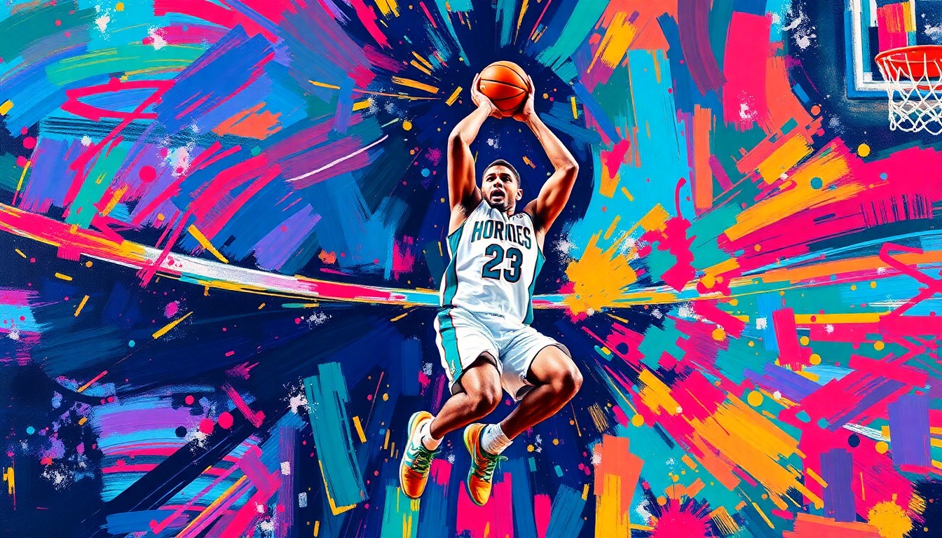 An extreme close-up of Kon Knueppel's arms and hands as he releases a 3-point shot, with the basketball blurred in motion against a background of vibrant, expressive brushstrokes in neon colors conceptually representing the raw energy of his record-breaking performance.