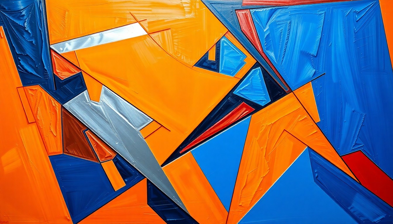 A cubist, geometric painting depicting the chaotic energy of a high-scoring NBA basketball game, with fragmented shapes and planes of bright orange, blue, and silver representing the players, ball, and court.