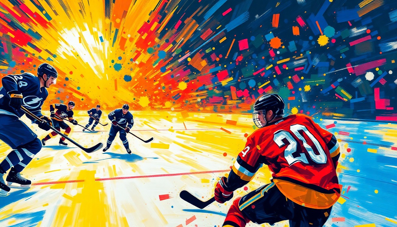 An abstract, expressionist painting featuring vibrant brushstrokes of neon blue, orange, and pink, capturing the dynamic energy and movement of a high-scoring hockey game.