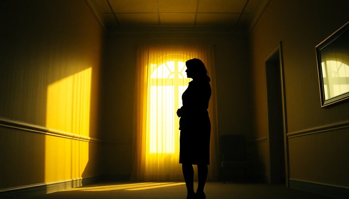 A cinematic painting in the style of Edward Hopper, depicting a solitary female figure standing alone in a dimly lit government office, with warm diagonal sunlight casting deep shadows across the scene, conceptually representing the political downfall of a former attorney general.