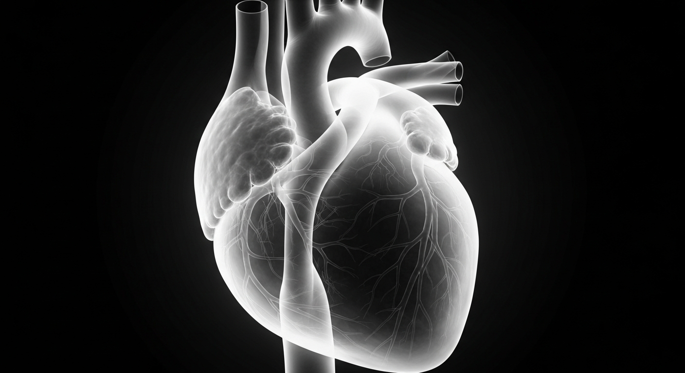 A highly detailed, translucent X-ray image of a human heart, revealing the intricate network of blood vessels and arteries that sustain this vital organ.