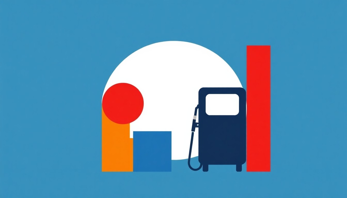 A geometric abstract illustration using bold shapes and primary colors to conceptually represent the rising cost of gasoline and its economic impact.