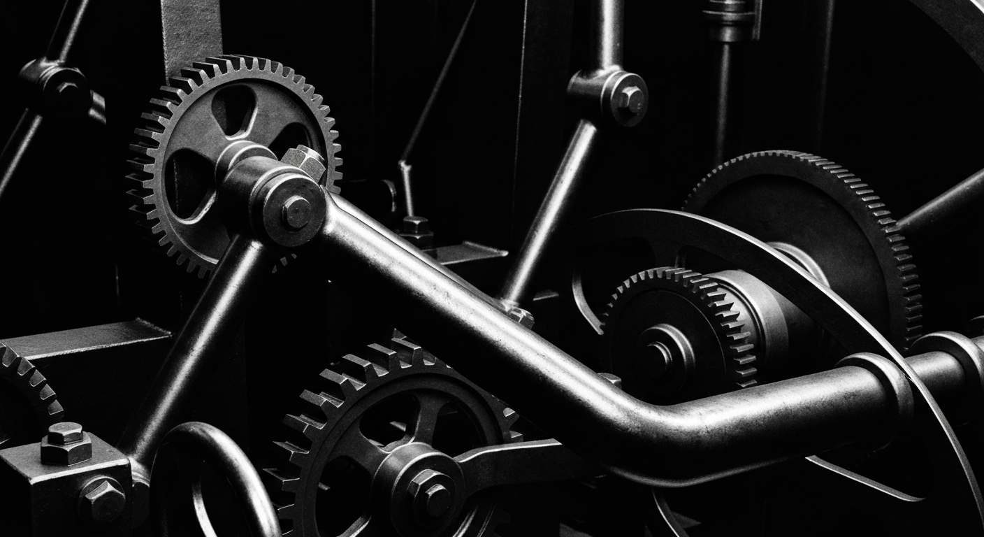 A highly detailed, black-and-white close-up image of gears, levers, and other heavy industrial components, conveying the idea of the complex mechanics that drive the financial system.
