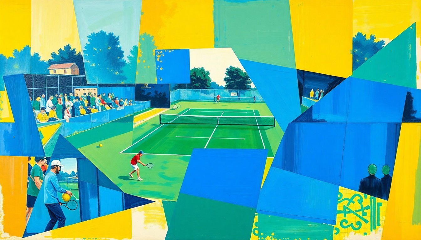 A fragmented, cubist-style painting depicting the dynamic action and energy of a college tennis match, with overlapping geometric shapes and planes in shades of blue, green, and yellow.