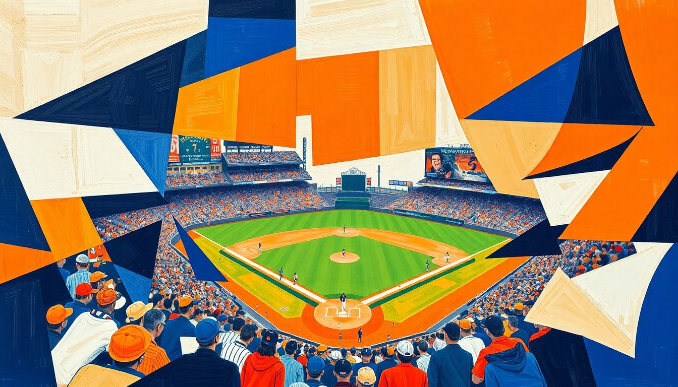 A fragmented, geometric painting depicting the dynamic movements and energy of a college baseball game, with sharp planes of navy, orange, and white colors creating an abstract, deconstructed visual.