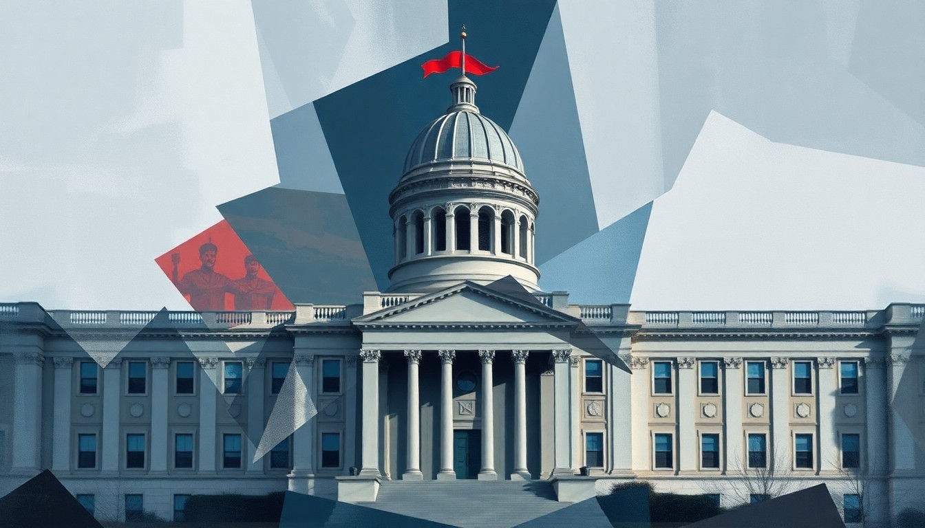 A dynamic, fragmented painting of a government building or political symbol in shades of blue, grey, and red, conveying a sense of motion and instability related to the story's theme of potential insider trading.