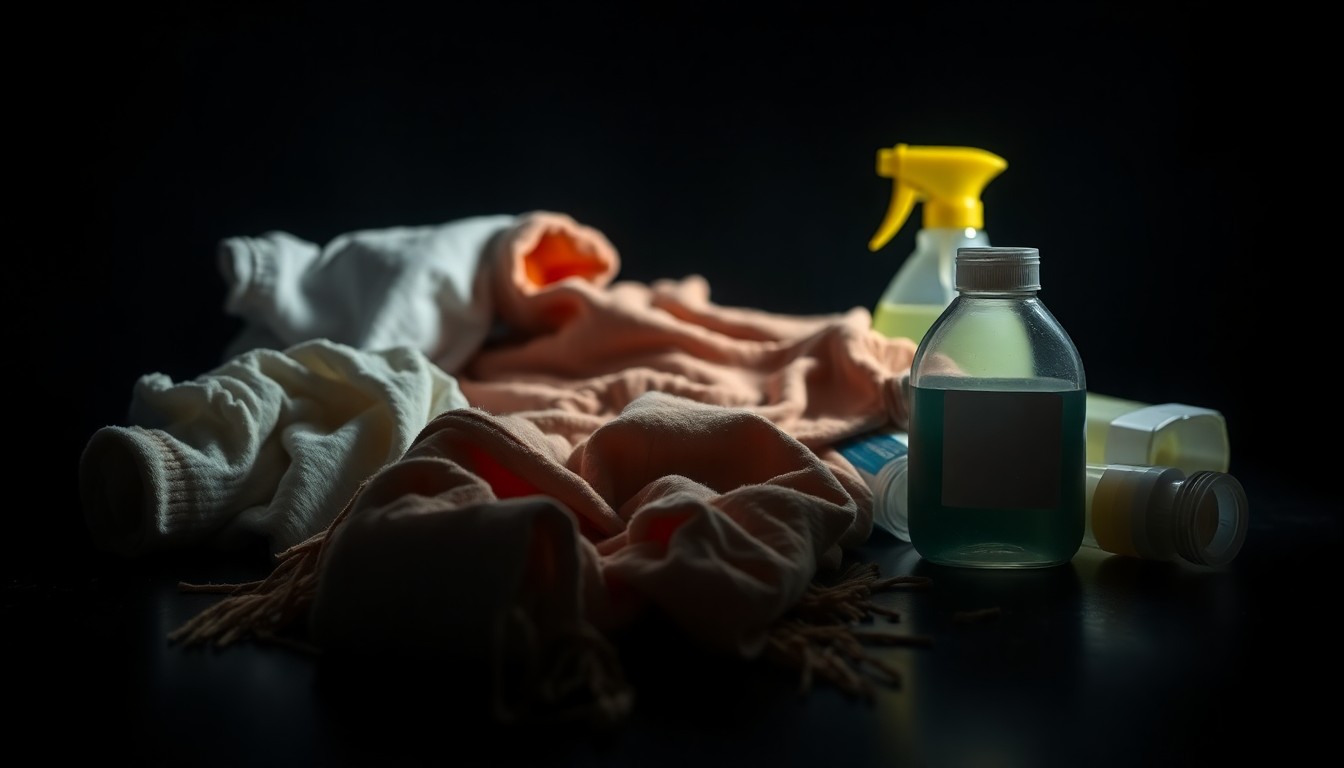An extreme close-up of a child's soiled clothing and cleaning supplies, captured in harsh, dramatic lighting to convey the gritty, investigative nature of this crime story.