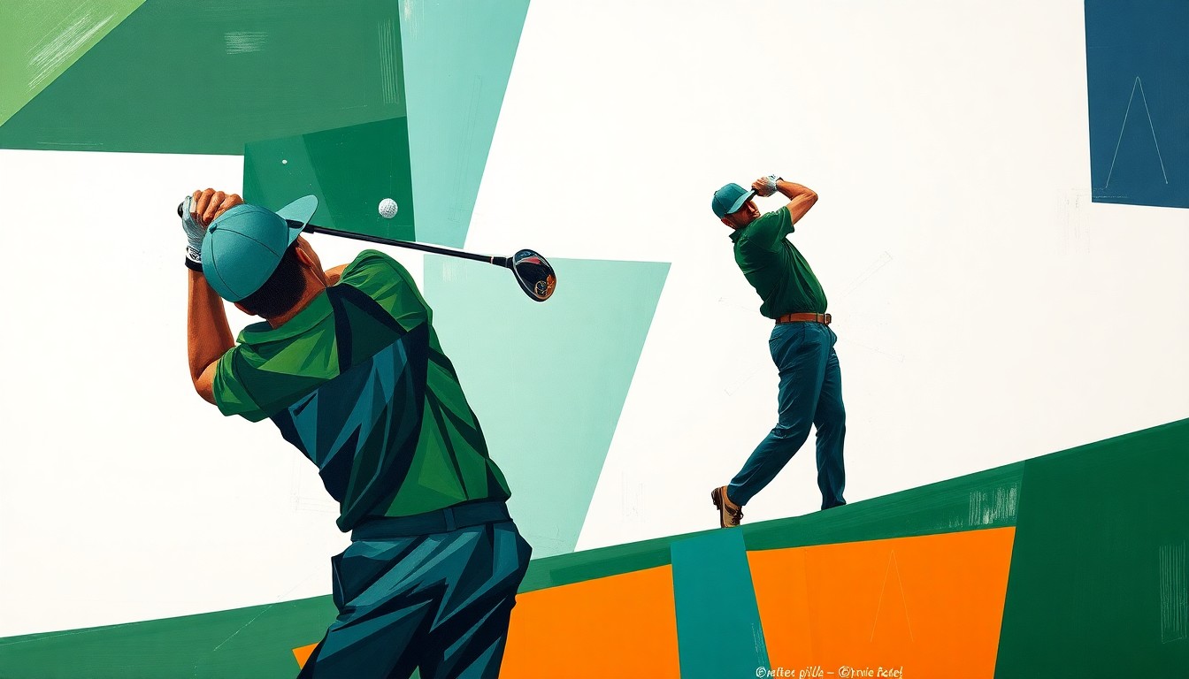 A cubist-style painting depicting a golfer's swing broken down into sharp, overlapping geometric shapes in a palette of earthy greens, blues, and oranges, conceptually representing the data-driven, multidisciplinary approach to player development at Olympia Fields Country Club.