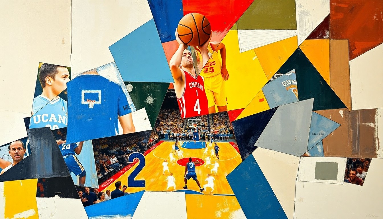 A cubist, geometric painting depicting a fragmented basketball game or competition, with sharp planes of color and form representing the complex emotions and perspectives surrounding the Jaden Ivey controversy.