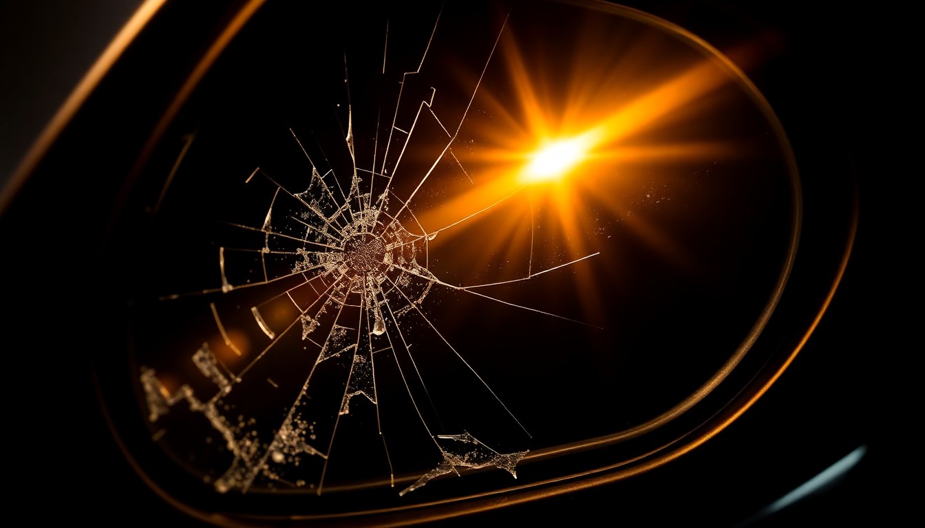 An extreme close-up photograph of a damaged car side mirror, the glass cracked and reflecting a harsh, direct camera flash against a pitch-black background, conceptually illustrating the aftermath of a violent encounter between a driver and a police officer.