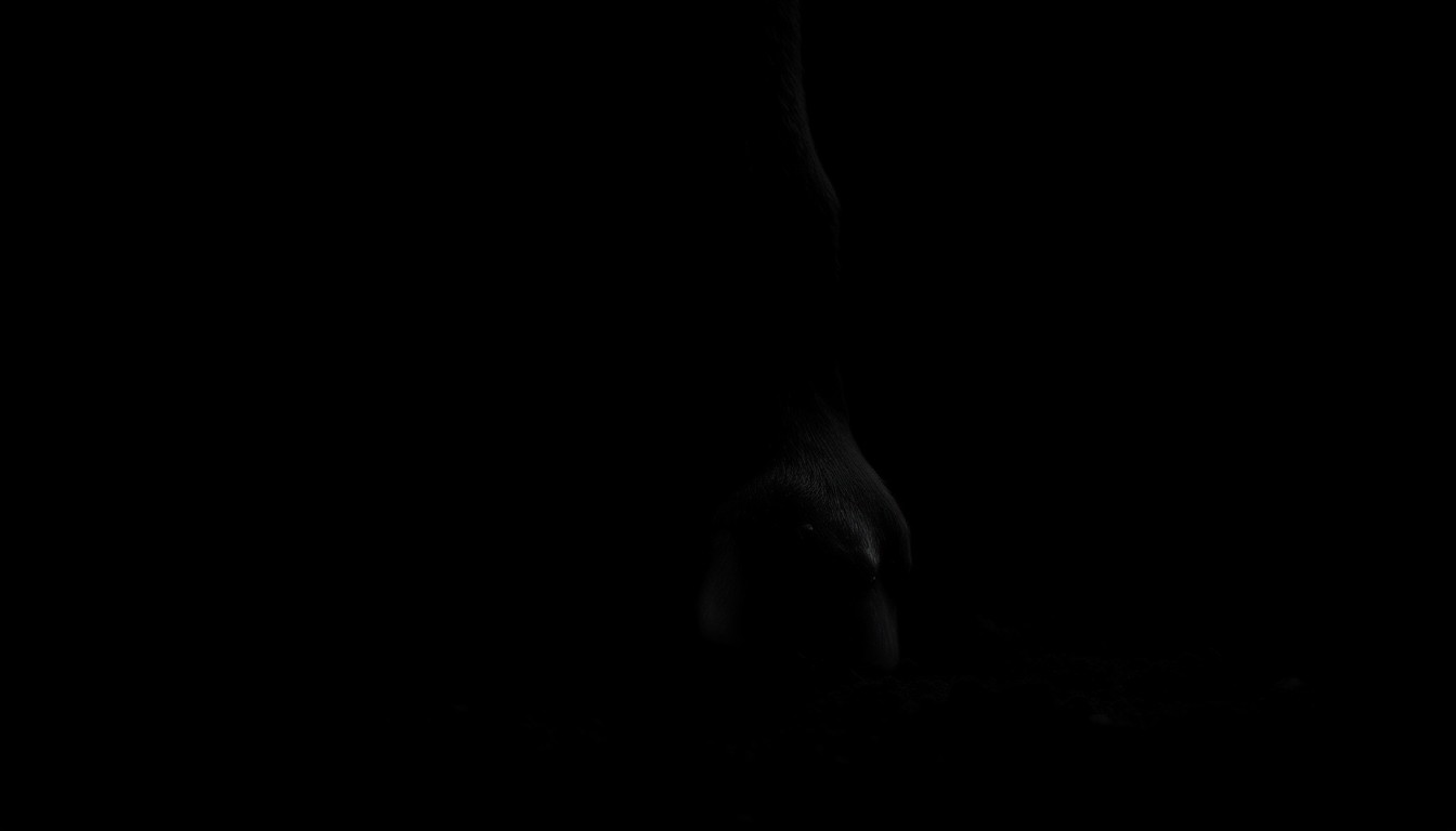 An extreme close-up photograph of a donkey's hoof print in the dirt, lit by a harsh, direct camera flash against a pitch-black background, conceptually illustrating the aftermath of a deadly attack on livestock.